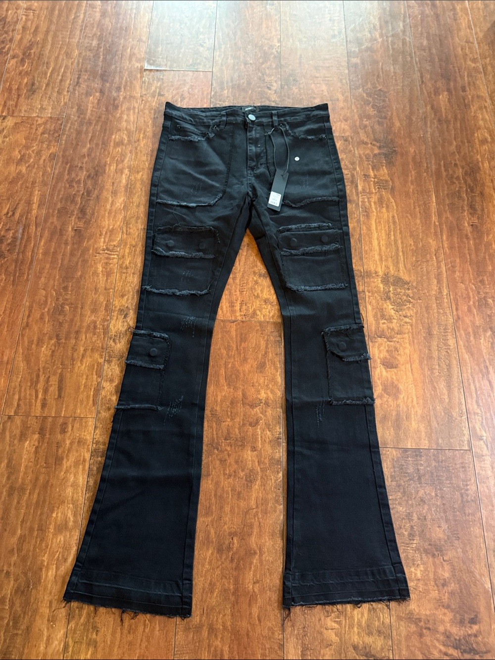Black Distressed Skinny Flare Cargo Jeans - Picture 1 of 6